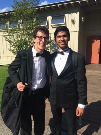 Band senior Charles Comiter stands alongside a fellow musician at the Boston University Tanglewood Institute.
