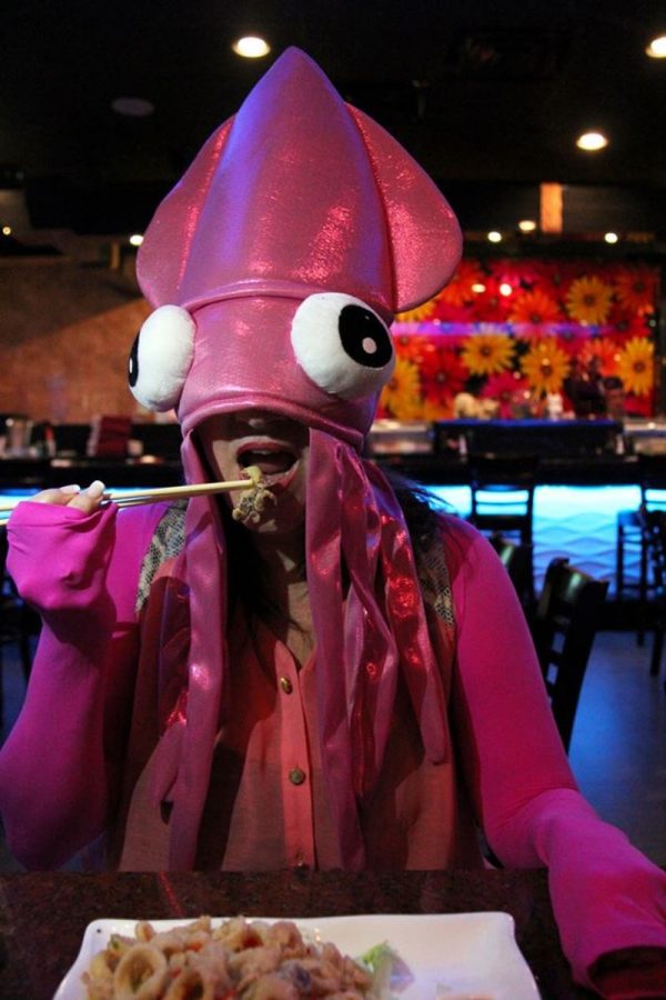 Gellerts mother, Andrea Gellert, dresses as a squid eating calamari to prove that you are what you eat.