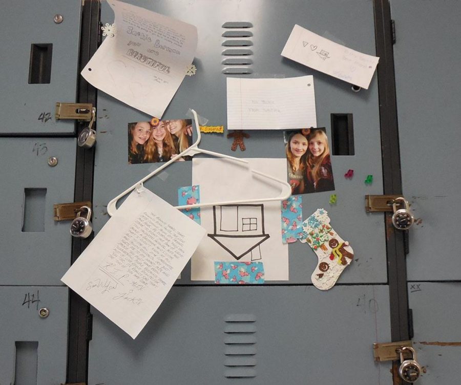 Jackie Bermans locker as decorated by her friends and loved ones. Among the decorations: Notes, crafts and photographs.