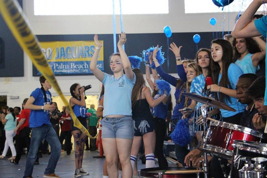 Freshmen cheering for their class during the 2014 Pep Rally. 