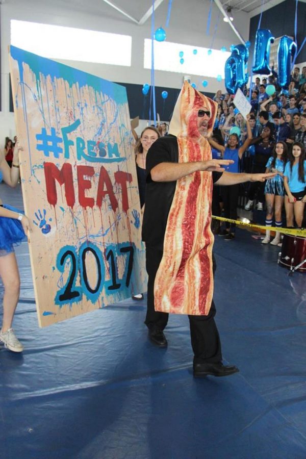 Social studies teacher Tom Ruth representing the freshman class in the Teacher Dress-Up.