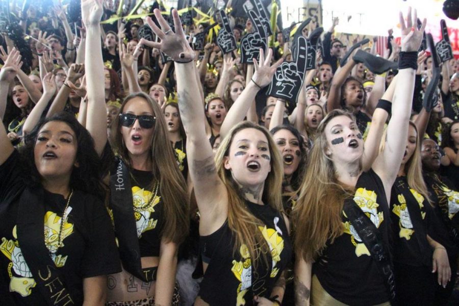 Seniors cheer for their class during the Pep Rally on Jan. 31 which was cut short due to scheduling problems. 