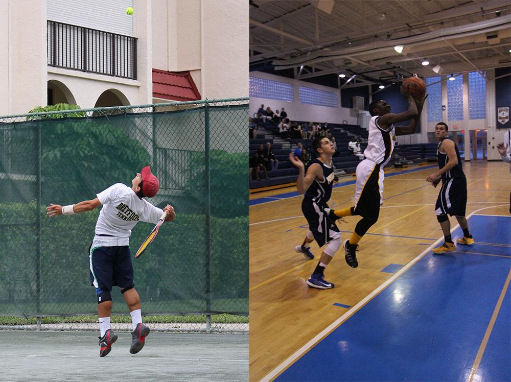 Strings senior Reed Rabideau (left photo) practices his serve. Rabideau and communications senior Kevin Levine qualified for the state tournament by defeating a team from Suncoast. Communications senior Munashe Kwangwari (right photo) drives past two defenders. Kwangwari got the Jaguars basketball team off to a good start this year.