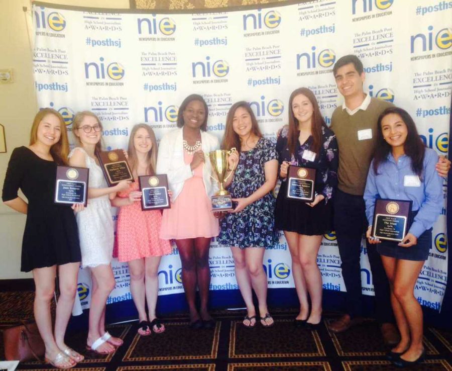 (From left) Communications juniors Claudia Zamora, Taylor Hendrickson, Remi Lederman, communications seniors Camille Sanches and Jennifer Yoon, communications junior Maddi Fitzgerald, strings junior Felipe Bomeny and communications junior Maria Grosso at the awards luncheon. 