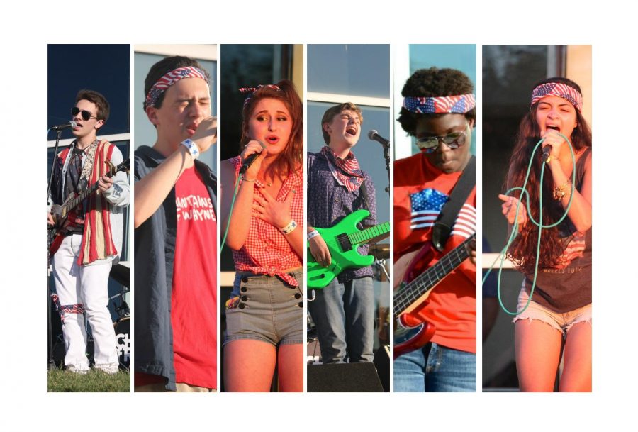 Students of the School of Rock (from left) theatre junior Chase Bencin, band sophomore Austin Klewin, theatre junior Drew Lederman, theatre sophomore Ben Rothschild, theatre junior Angel Leiser, and  theatre alumna Gianna Mascaro.