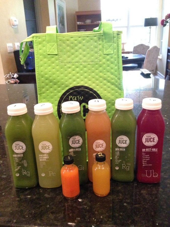 A set of juices for my cleanse from Raw Juice.  Among the flavors there is Raw Green, Un-Beet- Able, and Spicy Lemon. Many other natural food stores and local juice boutiques offer other brands of juices for the same purpose. 