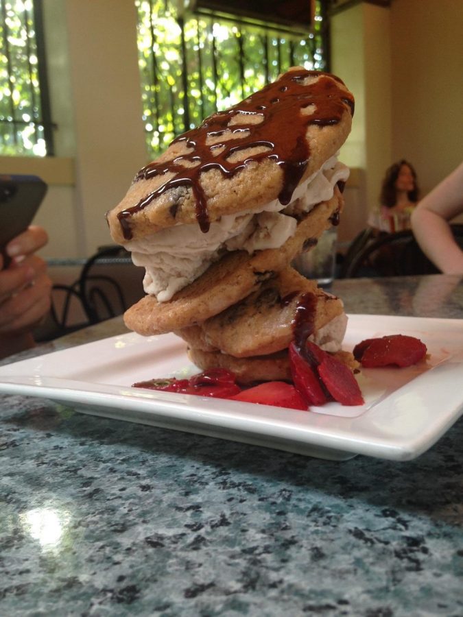 Homemade butter pecan ice cream, chocolate chip cookies, chocolate sauce and fresh berries.