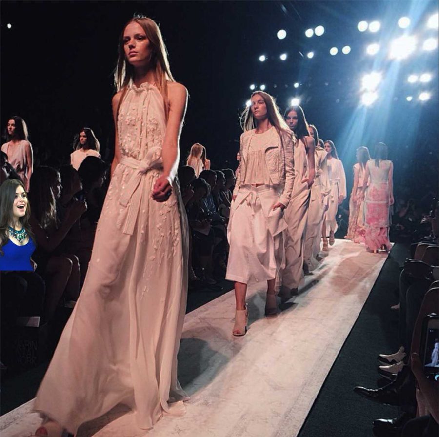 Communications senior Erica Maltz front row at today’s  BCBG 2015 spring collection runway show which featured a unique execution of pastels.