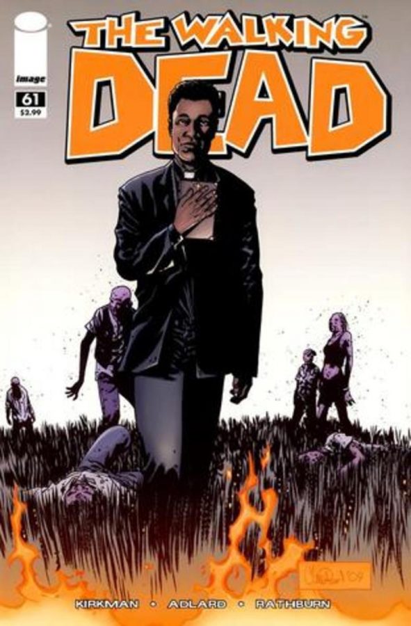 Issue 61 cover of The Walking Dead comic, featuring the introduction of Father Gabriel. Comic art by Charlie Adlard.