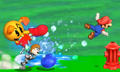 Playable fighters (L-R) Pac-Man, Mii FIghter, Sonic,, and Mario battle on the Omega version of the Golden Plains stage.