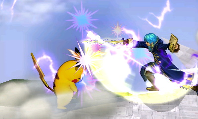 Robin from Fire Emblem Awakening uses his sword on the Pokémon Pikachu.
