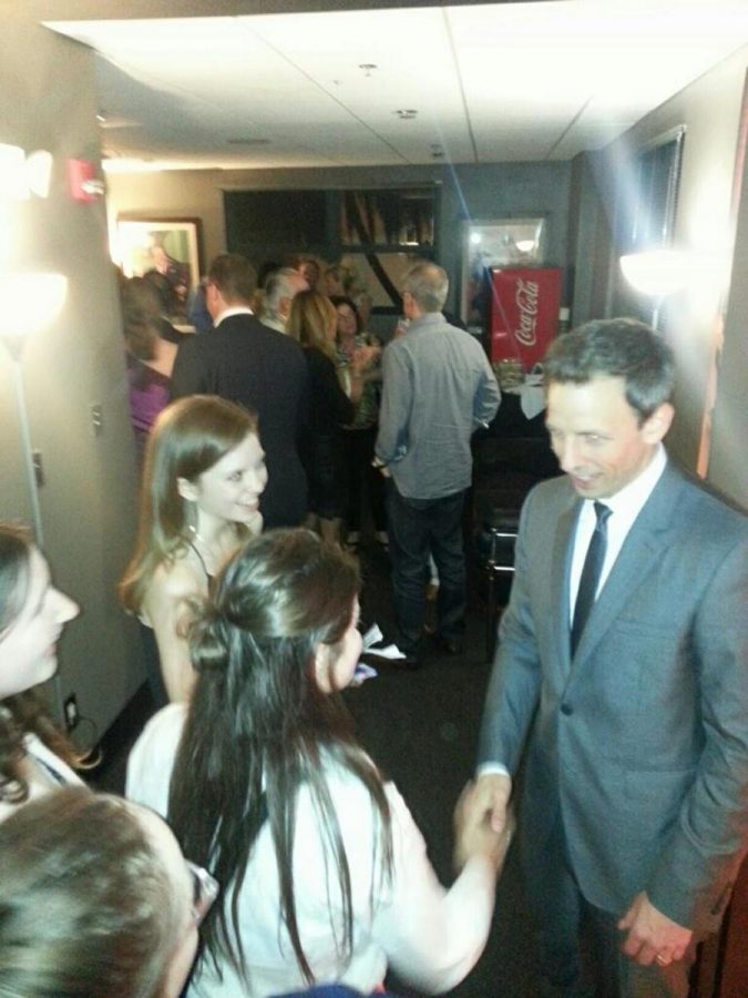 Band senior Zoe Schriber, (l-r)  theatre senior Jill Jahnsen, communications senior Erica Maltz and Late Night host and comedian Seth Meyers at his after party at The Fillmore in Miami Beach.