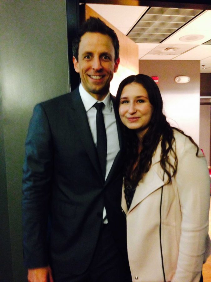 Band senior Zoe Schriber  (l-r) with Late Night host and comedian Seth Meyers at his after party at The Fillmore in Miami Beach.