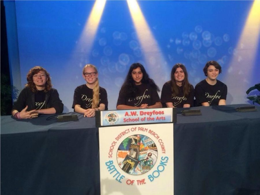 Communications sophomore Brianna Steidle,   strings sophomore Emily Winters, communications sophomores Uma Raja,  Megan Horan,  Sam Marshall (L-R) ready to compete in the Grand Battle at the Education Network studio in Boynton Beach. 