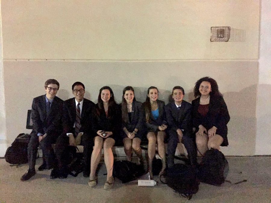 (L-R) communications sophomores Jake Perl, Jack Yan, juniors Naomi Kelly, Taylor Rich, freshmen Ariel Gordon and Garrett ODonnell and junior Bethany Ebanks attend the speech and debate tournament at Timber Creek High School in Orlando.  