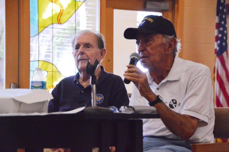 Sid Katz (L-R) and Warren Klein speak about their WWII experiences to Dreyfoos students.