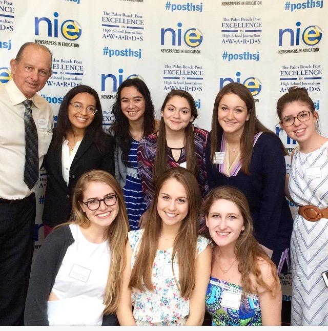 Communications teacher Stephen Moore (L-R, top row), senior Maria Grosso, junior Samantha Rose, junior Starr Courakos, seniors Madeleine Fitzgerald, Mackenzie White, (L-R, bottom row) Taylor Hendrickson , Claudia Zamora and Remi Lederman attend the Palm Beach Post Excellence in High School Journalism Awards.