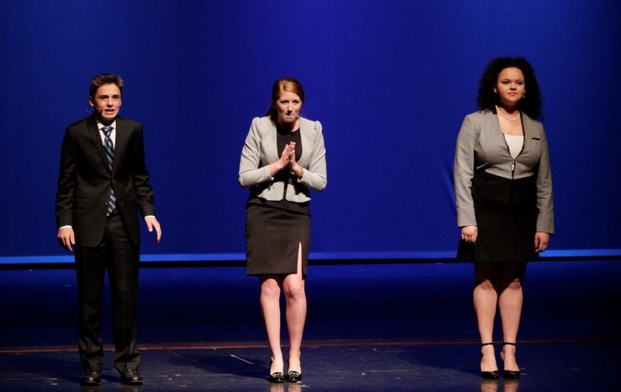 Debate+team+members++%28L-R%29+communications+freshman+Garret+ODonnell%2C++communications+senior+Morgaan+Jessell+and+communications+junior+Bethany+Ebanks+act+out+their+skit+in+the+showcase.