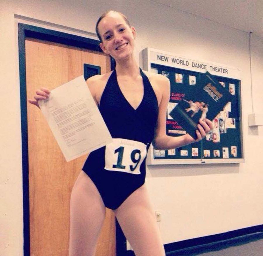 Dreyfoos alumna Hayley Mertens poses with a congratulatory letter, of which served as a notification that she was under serious consideration for Juilliards program, after her New World School of the Arts audition. 