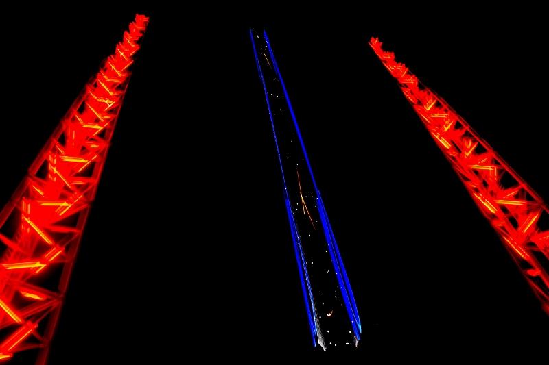 A long exposure photo of the Slingshot ride on the boardwalk in Daytona Beach, Florida. Visitors from all over the state fly up to 380 feet in the air. 