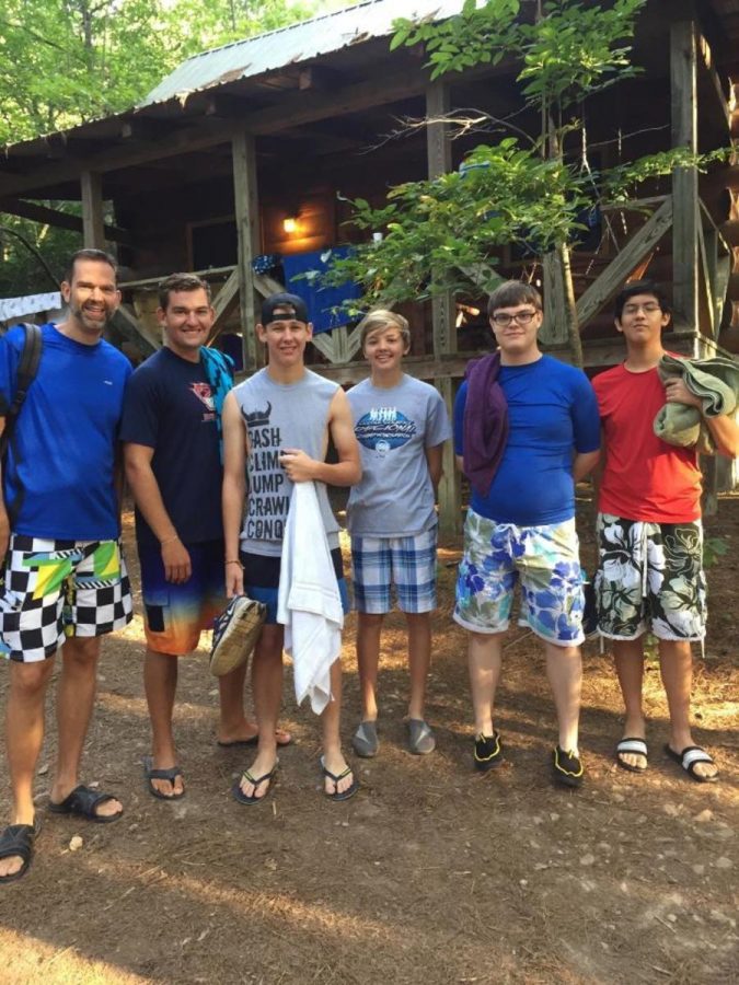 Boy Scout Crew 220 members and leader (l-r)  Mr. Dan Wilson, Dallin Wilson, Luke Cain, Tate Davies, Erik Ridd and Tyler  Grochowski pose for a photo before they go water whiter rafting.