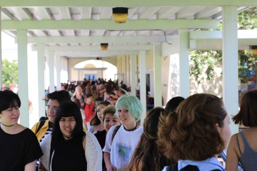 Students crowd the hallways during lunch on the first day of school.