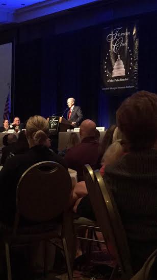 Senator Bill Nelson stands onstage and addresses the crowd at a luncheon on Friday, Aug. 28. Eight Dreyfoos seniors and two teachers were able to attend the event.