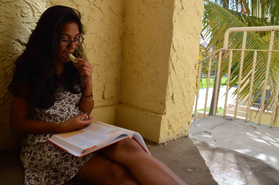 Communications junior Krystal Sundar hides from the Florida heat while studying for her upcoming French test on the second floor of Building 1. Sundar enjoyed sitting in this particular area during her sophomore year. 

She was not affected by Dreyfoos Adminstration banning all students from eating in the buildings during lunch, despite having to occasionally share her coveted  spot with passerbys who are still looking for a permanent outdoor seating arrangement. 