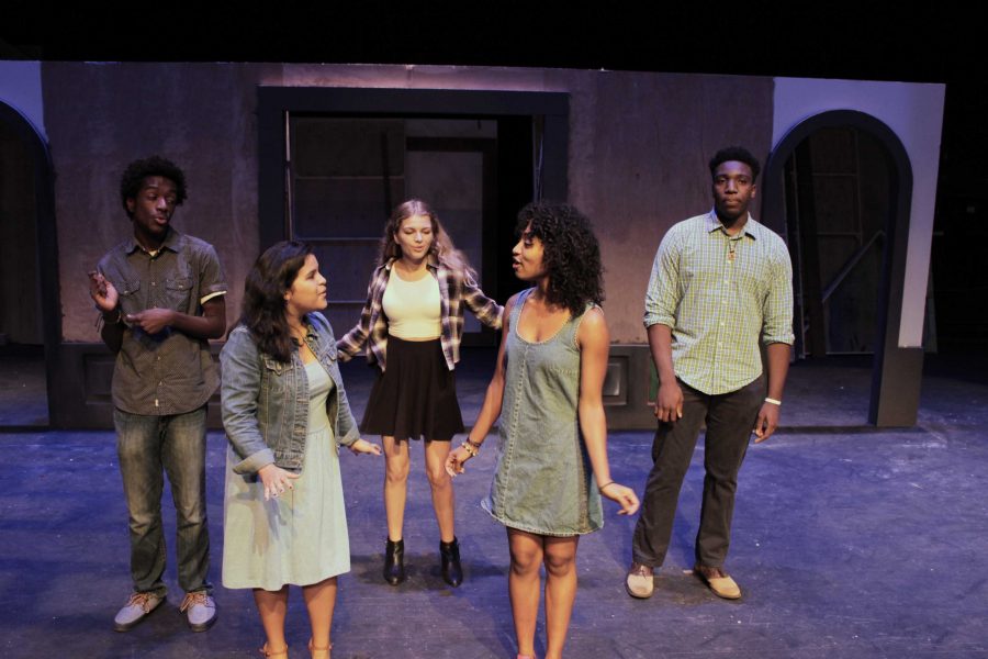 (L-R) Theatre senior Dylan Jackson, strings senior Maria Fernandez, theatre senior Madalyn MacKarey, theatre senior Jana Jackson, and strings senior Joshua Ewers rehearse for their audition for the Macys All School A Capella  Challenge. If chosen, Macys will donate  $25,000 to Dreyfoos.  Contestants must perform a rendition of  I Want You Back by The Jackson 5. 