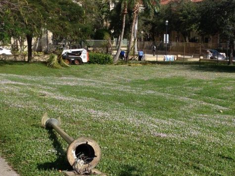 The light pole next to the car loop was accidentally knocked over by the tree trimming crew on Dec. 15. The bulb and globe of the light pole had been broken.