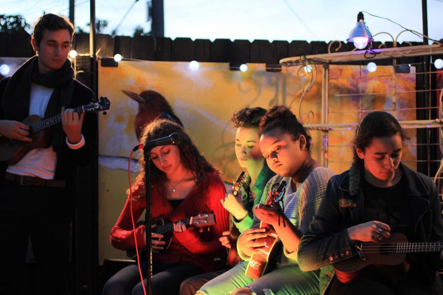 Visual senior Calil Arguedas-Russell (L-R), theatre freshman Elizabeth Holzhauer, band freshman Samantha Goldstein, vocal freshman Hannah Loliyong, and digital media freshman Isabella Montelongo of the Ukulele Club perform All of Me by John Legend at Seeds Open Mic Night on Jan. 19 at Harolds Coffee Lounge.