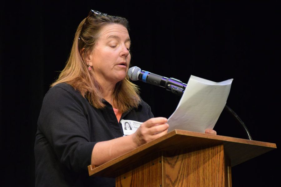 Author Pam Houston speaks to a crowd of English classes and creative writing students in the Brandt Box Theater about her multiple short stories which were published in her novel Sight Hound.