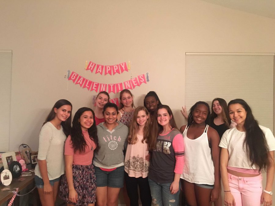Digital media freshman Natalie Rodriguez (L-R), dance freshman Barbara Monteiro, digital media freshman Isabel Lerman, strings freshman Sahana Shravan, Boynton Beach High School freshman Neala Gordon, dance freshman Kaiya Black, communications freshman Danelle Eugene, strings freshman Elizabeth Crane, dance freshman Tai Williams, visual freshman Alexandra Strelitz, and homeschooled junior Victoria Monteiro pose for a picture at Lerman and Black's Galentine's Day party on Feb. 13. The party was hosted at Lerman's house and was based off of a holiday celebrated in the television show "Parks and Recreation." 
