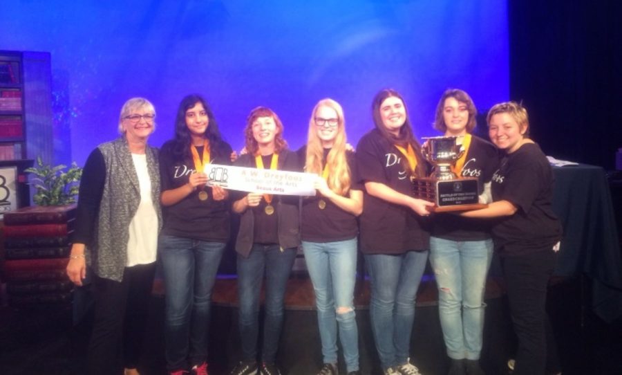 Media specialist Cookie Davis (L-R), communications juniors Uma Raja, Brianna Steidle, strings junior Emily Winters, communications juniors Megan Horan, captain Samantha Marshall, and team coach Kayla Kirshenbaum pose with their trophy after winning Battle of the Books on Feb. 5. 