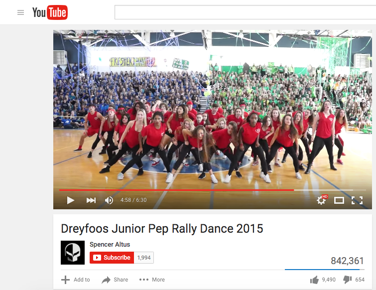 Digital media senior Spencer Altus video of the class of 2016s junior Pep Rally Dance from the 2015 Pep Rally has gained over 800,000 views on YouTube.