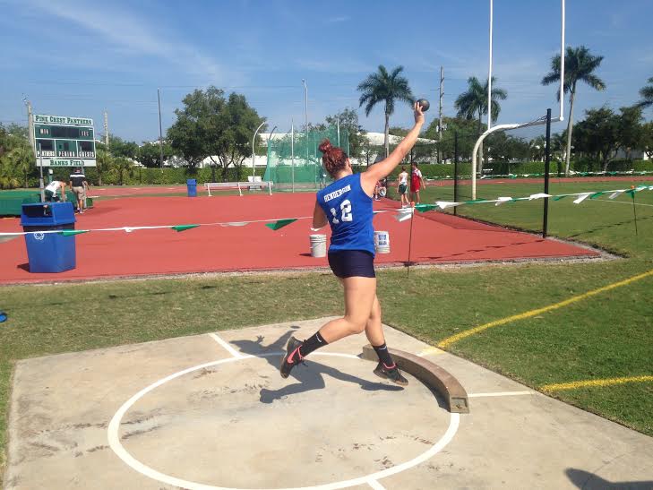 Vocal freshman Emese Nemeth competes in the shotput event at the 2015 middle school states qualifier with her school A.D. Henderson University School & FAU High School. Her throw of 31.2 feet allowed Nemeth to place first and move on to states. 