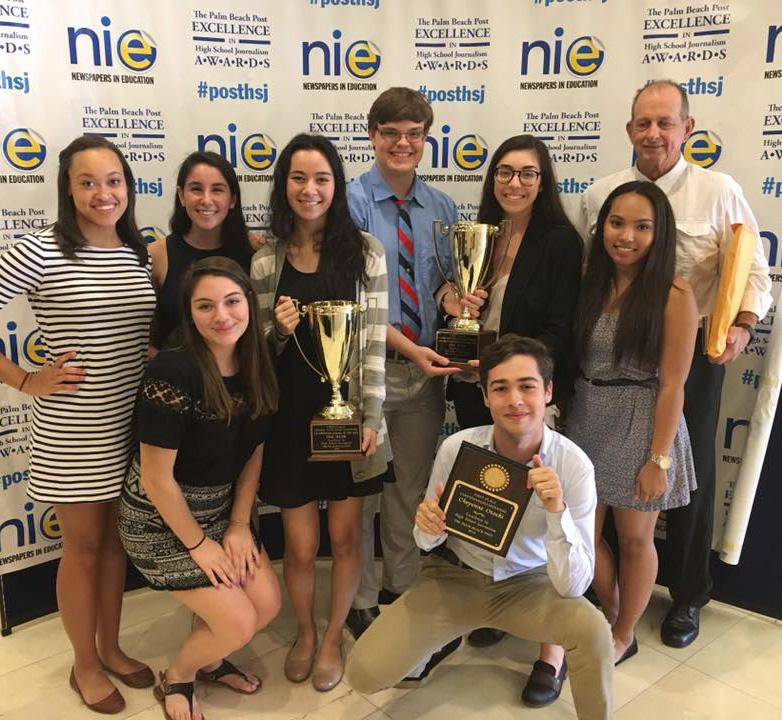 Communications senior Michelle Birch (L-R, top row), junior Tom Kapitulnik, senior Samantha Rose, senior Erik Ridd, junior Julia Horneck, junior Brittany Mckenzie, teacher and advisor Stephen Moore, (L-R, bottom row) senior Starr Courakos, and junior Isaac Ochoa attend the Palm Beach Post Excellence in High School Journalism Awards.