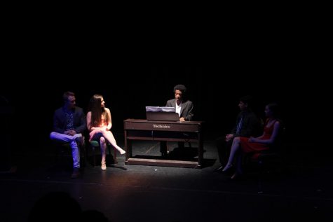 (L-R) Theatre senior Maxime Prissert, freshman Juliet Perel, senior Dylan Jackson, sophomore Daniel Rabinowitz, and junior Rebecca Suskauer perform “I'll Be Seeing You” to an audience of foundation members. 