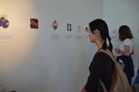 Piano senior Catherine Zeng scans the walls of the building 9 art gallery, looking at the individual senior portraits. 