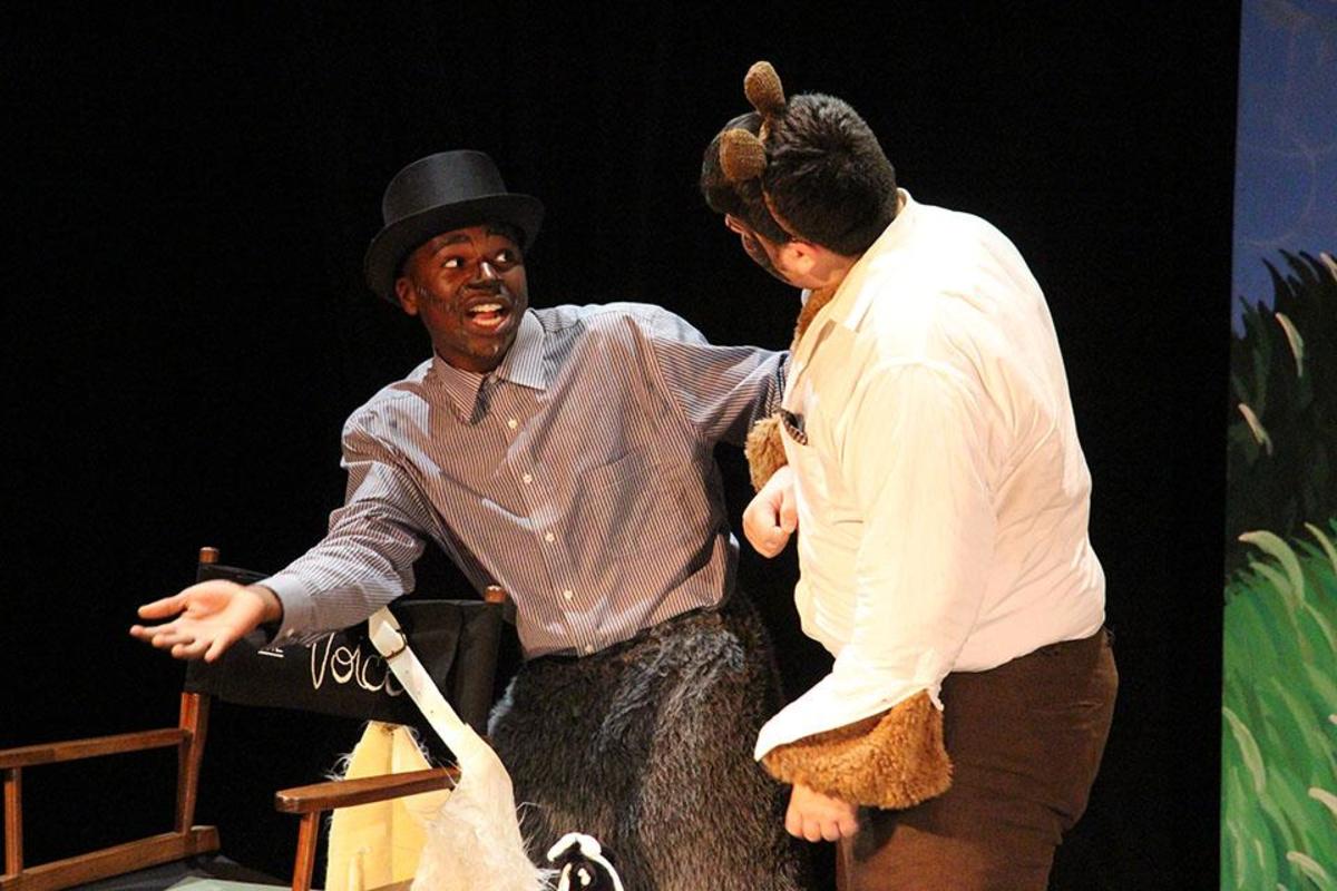 Theater juniors Meikel Benjamin (left) and Jay Jennings get thrown into the same story. The wolf reveals that he’s a friend of Goldilocks, which prompts Papa Bear to respond with anger and hostility--as Goldilocks is a troublemaker who consistently wrecks his yard.