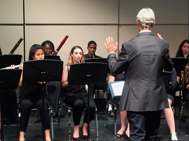 Artist in residence Michael Porte directs the Woodwind Choir during the ensemble “Adagio et Allegretto” by Charles Gounod. The group had to adapt the notes of the song to fit their particular set of instruments. 