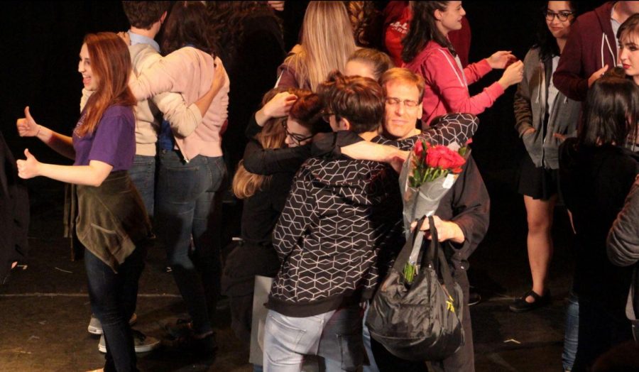 Theatre senior Zachary Biggins hugs theatre dean Bruce Linser after presenting him with a gift. It is both Biggins and Linser’s last year at Dreyfoos, with Biggins going to Carnegie Mellon University and Linser leaving to work at Florida Atlantic University (FAU). 