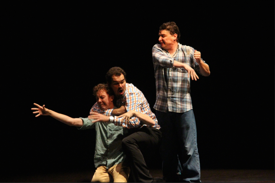 (L-R) Theatre alumnus Matthew Paszkiet, theatre teacher Bradley Barfield, and theatre alumnus Justin Sims perform an improv skit. Mr. Barfield asked the audience to produce a word that was a household item, and once learning the word, the trio proceeded play a game called 
“Freeze,” in which they were required to do a skit with that word as their starting point. The word was “spatula.”