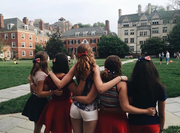 Theatre juniors Skyler Sajewski, Nicole White (L-R), and Aleah Beche (second from right) pose at Yale University. Sajewski, White, and Beche are spending a month at the college, including their Fourth of July, taking a theatre class.