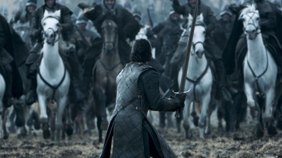 Jon Snow stands alone in the battlefield as the Bolton cavalry charges towards him.