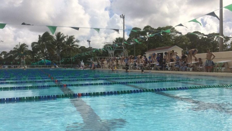 Competing+swimmers+ready+themselves+for+the+start+of+the+girls+200-meter+individual+medley+in+the+first+swim+meet+of+the+season+on+Friday%2C+Aug.+26.