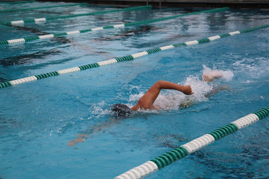 Band junior Kyle Tellez finishing up the 400m free relay after other teammates, Piano junior Jacob McDougal, band freshman Gabriel Ortega, and band junior John Degnan. 
