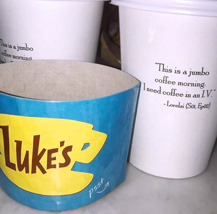 Cups with quotes from Gilmore Girls  at Subculture Coffee in West Palm Beach.