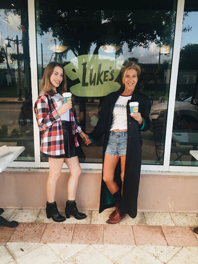 Theatre junior Skyler Sajewski (left) and her mother dress as characters from the show Gilmore Girls when getting coffee.