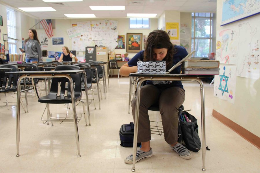 Visual freshman Gabi Thomadis sits at her desk and sketches in her sketchbook in a nearly empty classroom. Many students stayed home today so that they could help their families prepare for the hurricane possibly heading towards Florida. I had to come because I had too much stuff to do at school today Thomadis said.